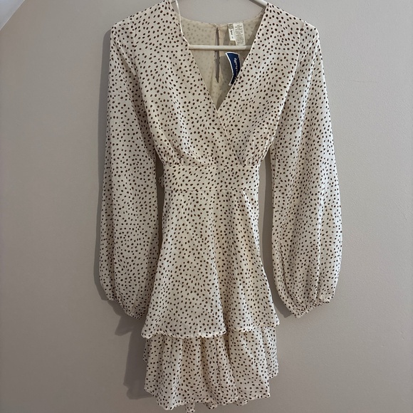 Japna V Neck Balloon Sleeve Breas Tan Brown Dots - Picture 1 of 4